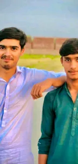 Two friends in casual attire smiling and posing outdoors.