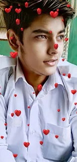 Young man in white shirt against green background, looking away.