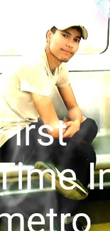 Young man sitting in a metro with 'First Time in Metro' text overlay.