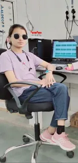 Person in a casual office setting with a laptop and modern decor.