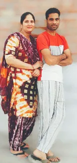 Vibrant portrait of a couple in casual attire standing outdoors.