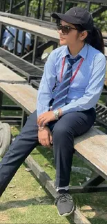 Person in stylish blue outfit sitting outdoors.