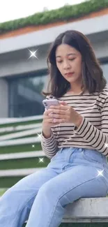 Person in striped top using phone outdoors on a bench, serene and casual scene.