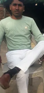 Casual man sitting outdoors in a green shirt.