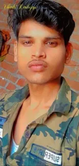 Young man in camo with brick wall backdrop.