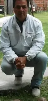 Casual man in white denim poses outdoors.