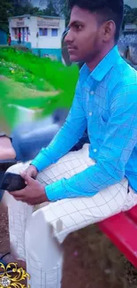 Young man in blue grid shirt on a red bench outdoors.