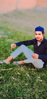 Young man in blue and white outfit sitting on green grass.