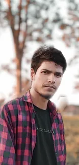 Young man in nature wearing a checkered shirt.