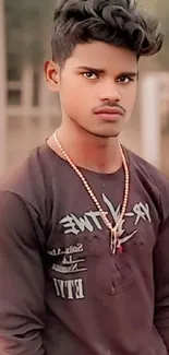 Young man in casual outfit outdoors, facing camera.