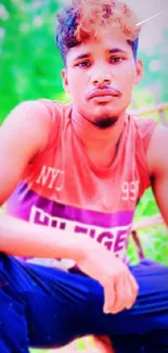 Casual outdoor portrait of a young man with vibrant colors.