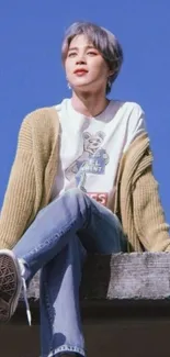 Stylish person sitting under a clear blue sky in casual attire.