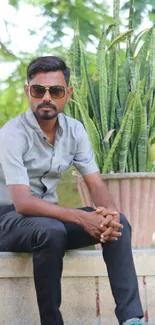 Man sitting outdoors on a stone bench with sunglasses and green plant backdrop.