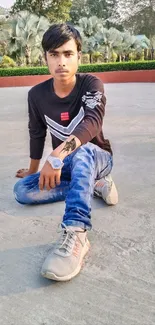 Young man sitting outdoors in casual outfit.