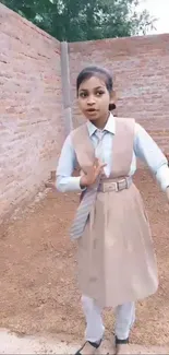 Student in school uniform with brick wall background.