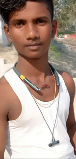 Young man in white tank top, casual outdoor setting.