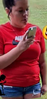 Woman in red shirt checking phone outdoors with emoji.