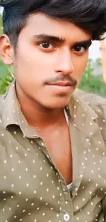 Portrait of a young man with greenery background.