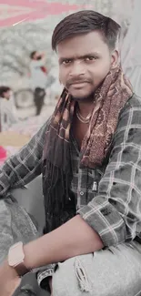 Casual portrait of a young man in a plaid shirt with soft gray tones.