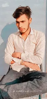 Casual portrait of a young man sitting thoughtfully outdoors.