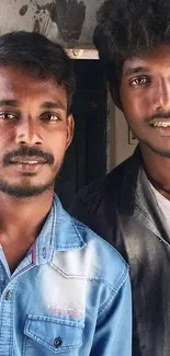 Portrait of two friends in denim shirts, looking relaxed and casual.