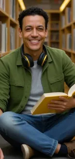 Man with book and headphones in a library, sitting on the floor.