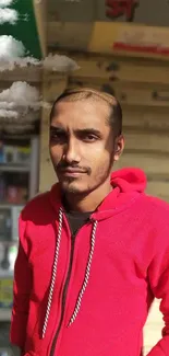 Man in a red hoodie with clouds in background.