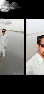 A man standing in a river under a clear sky, wearing a gray outfit and sunglasses.