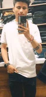 A young man takes a stylish mirror selfie in a clothing store.