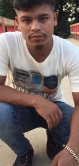 Young man in casual jeans and t-shirt posing outdoors.