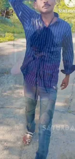 Man in striped shirt walking on nature path.