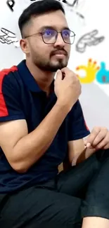 Casual man in navy shirt sitting with colorful wall art background.