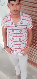 Young man in stylish patterned shirt against a rustic background.