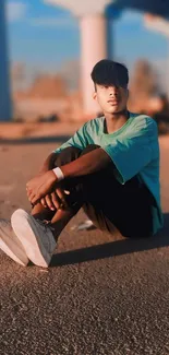 Casual portrait of a young man sitting on a sunlit road.