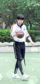 Young football player walking on a green field with trees in the background.