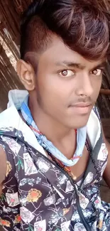 Young man in casual attire with rustic background.