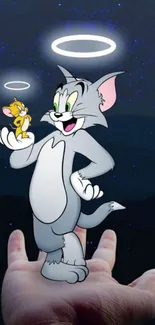 Animated cat and mouse with halos on a hand against a starry, midnight blue background.