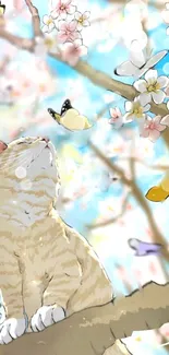 Anime cat with butterflies among cherry blossoms in springtime.