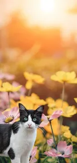 Curious cat among bright flowers at sunset.