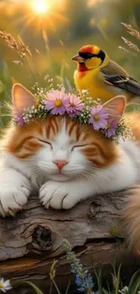 Cat with floral crown and bird on log in nature.