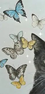 Black cat with butterflies art wallpaper on phone screen.