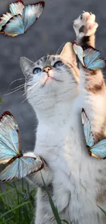 Playful cat with blue butterflies in nature.