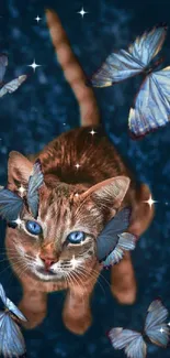 A cat surrounded by blue butterflies against a dark blue background.