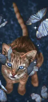 Enchanted cat surrounded by blue butterflies on a dark blue background.