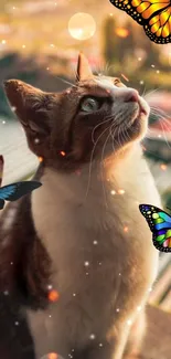 A cat gazes at colorful butterflies in a dreamy scene.