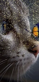 Close-up of a cat with butterfly on nose reflecting in glass.