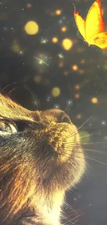 Enchanting cat stares at glowing butterfly in magical night scene.