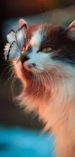 Fluffy cat with a butterfly perched on its nose, set against a warm background.