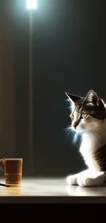 A serene cat sits by a candlelit table in a dimly lit room.