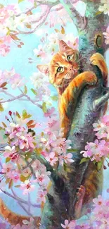 Cat clutching tree amid cherry blossoms, artistic wallpaper.